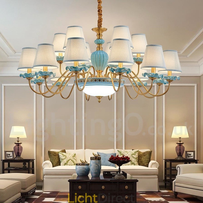 Retro Vintage Messing Keramiek Hangende Kaars Kroonluchter met Blauwe Stoffen Kapjes