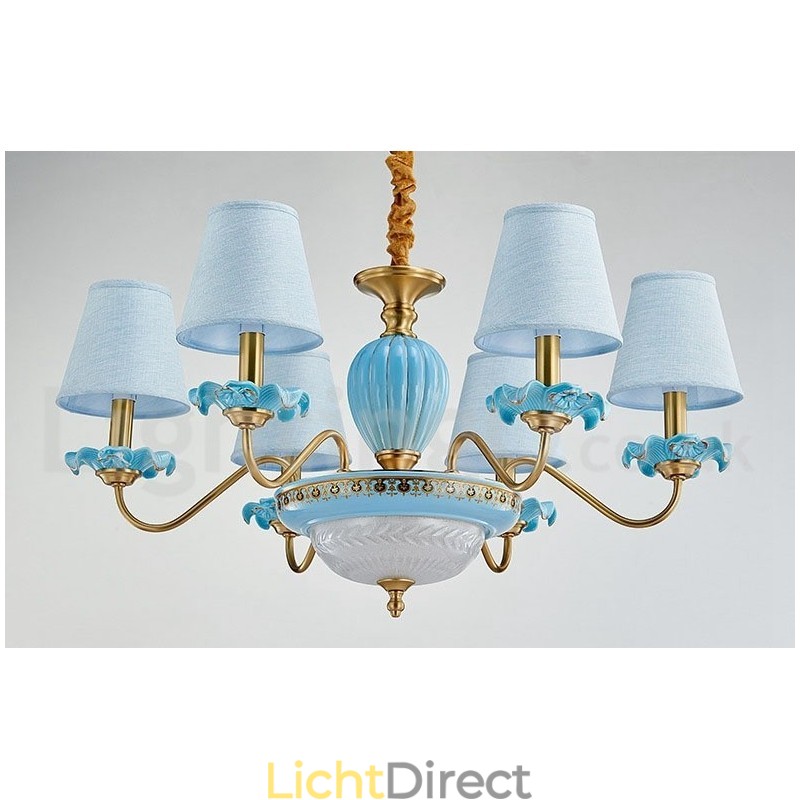 Retro Vintage Messing Keramiek Hangende Kaars Kroonluchter met Blauwe Stoffen Kapjes