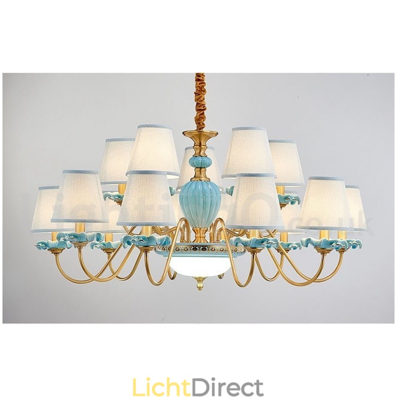 Retro Vintage Messing Keramiek Hangende Kaars Kroonluchter met Blauwe Stoffen Kapjes