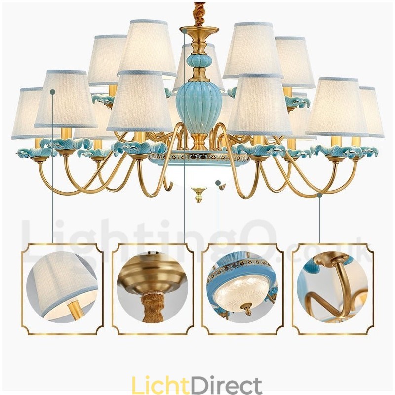 Retro Vintage Messing Keramiek Hangende Kaars Kroonluchter met Blauwe Stoffen Kapjes