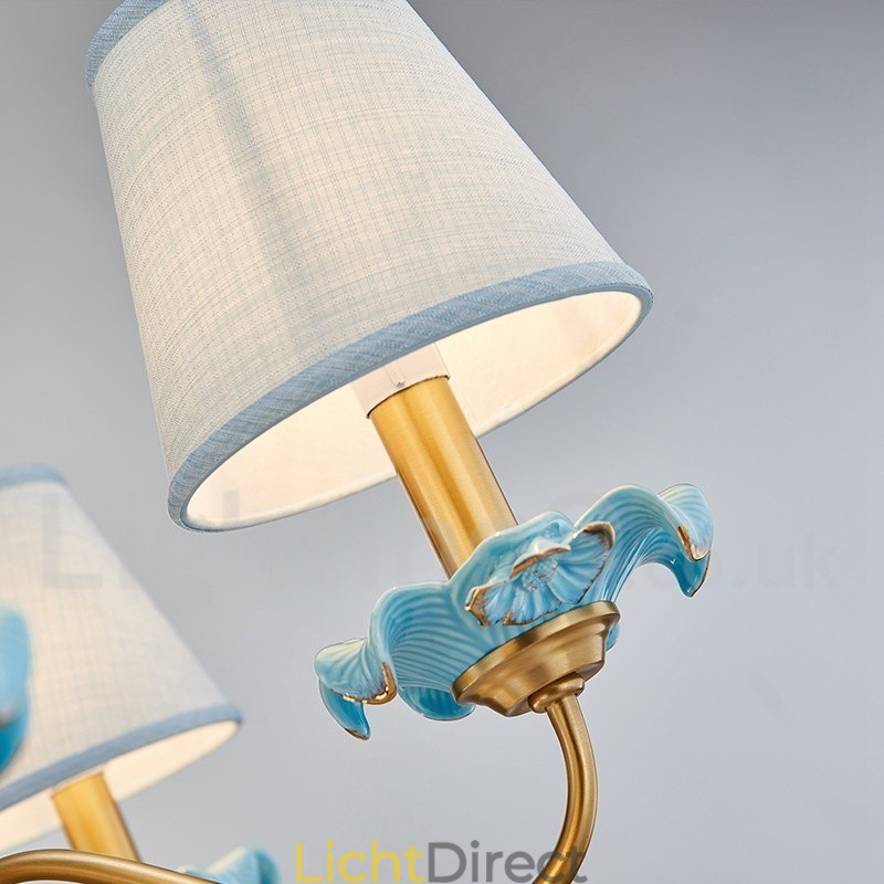 Retro Vintage Messing Keramiek Hangende Kaars Kroonluchter met Blauwe Stoffen Kapjes