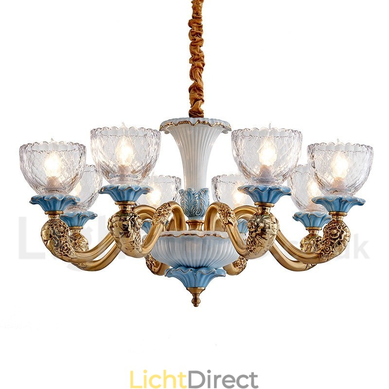 Retro Vintage Messing Keramiek Hangende Kaars Kroonluchter met Glazen Kapjes