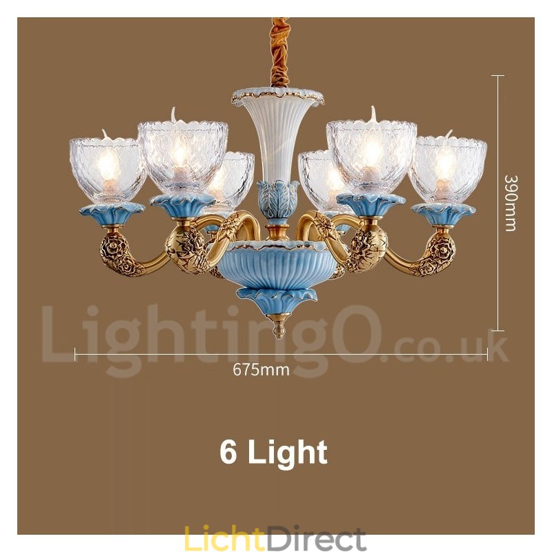 Retro Vintage Messing Keramiek Hangende Kaars Kroonluchter met Glazen Kapjes