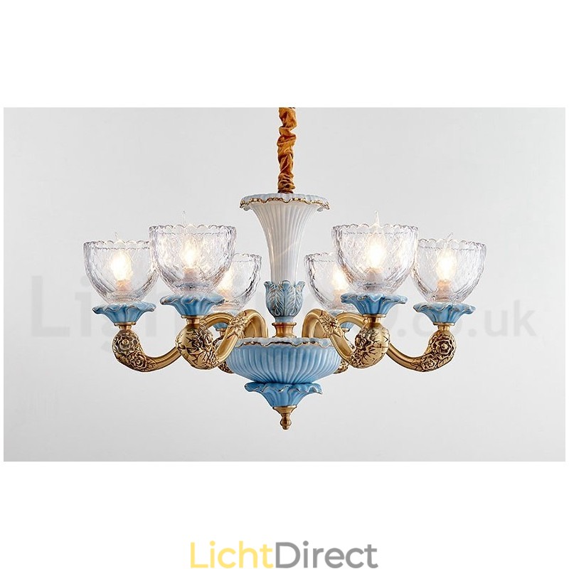 Retro Vintage Messing Keramiek Hangende Kaars Kroonluchter met Glazen Kapjes