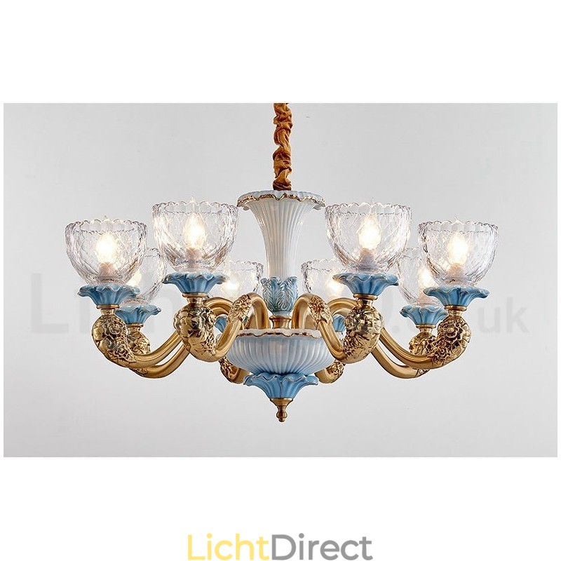 Retro Vintage Messing Keramiek Hangende Kaars Kroonluchter met Glazen Kapjes