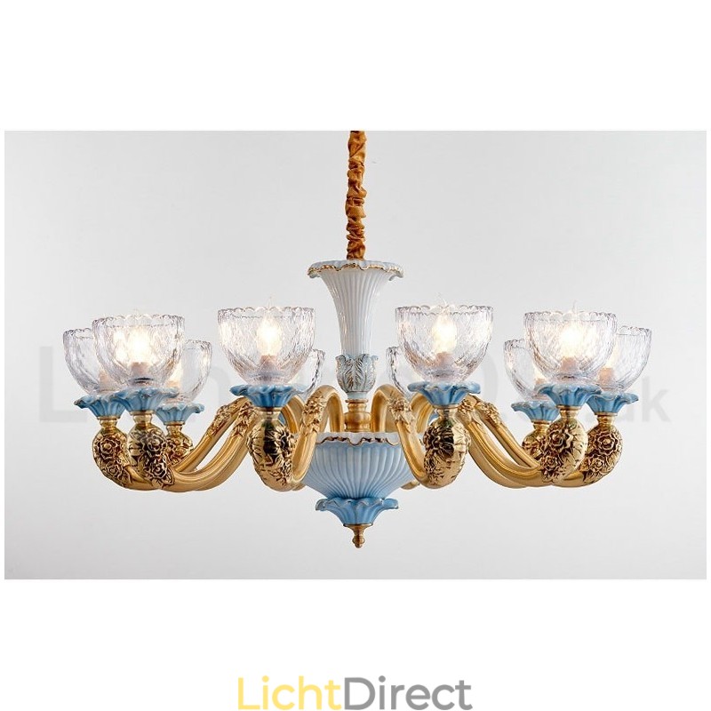 Retro Vintage Messing Keramiek Hangende Kaars Kroonluchter met Glazen Kapjes