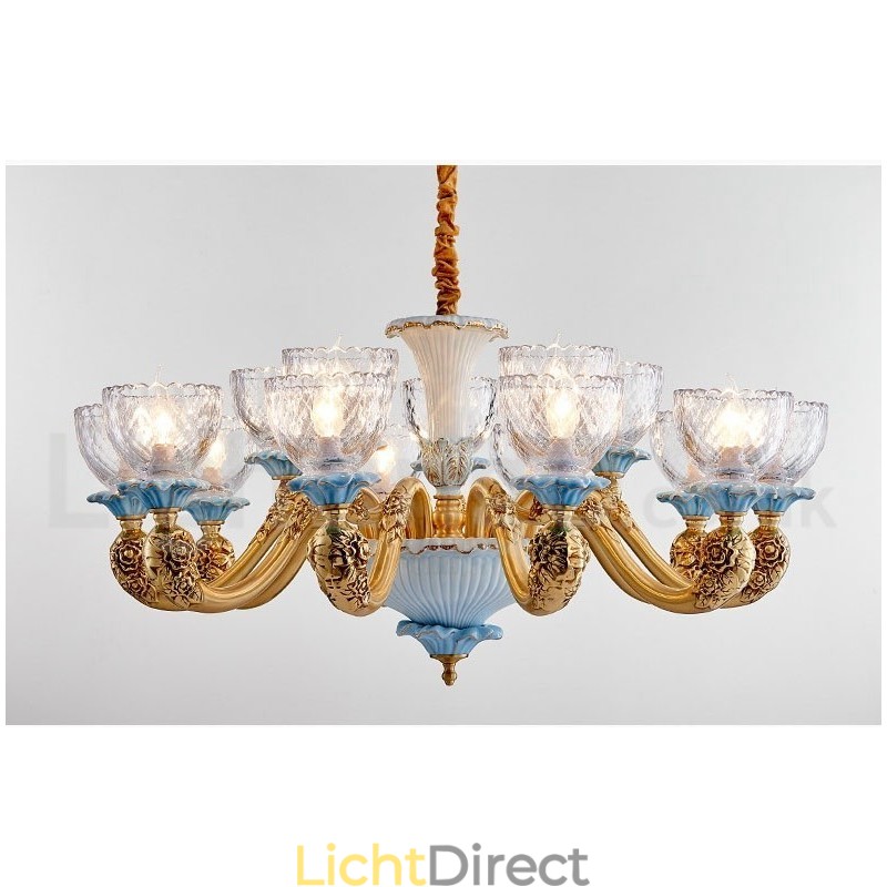 Retro Vintage Messing Keramiek Hangende Kaars Kroonluchter met Glazen Kapjes