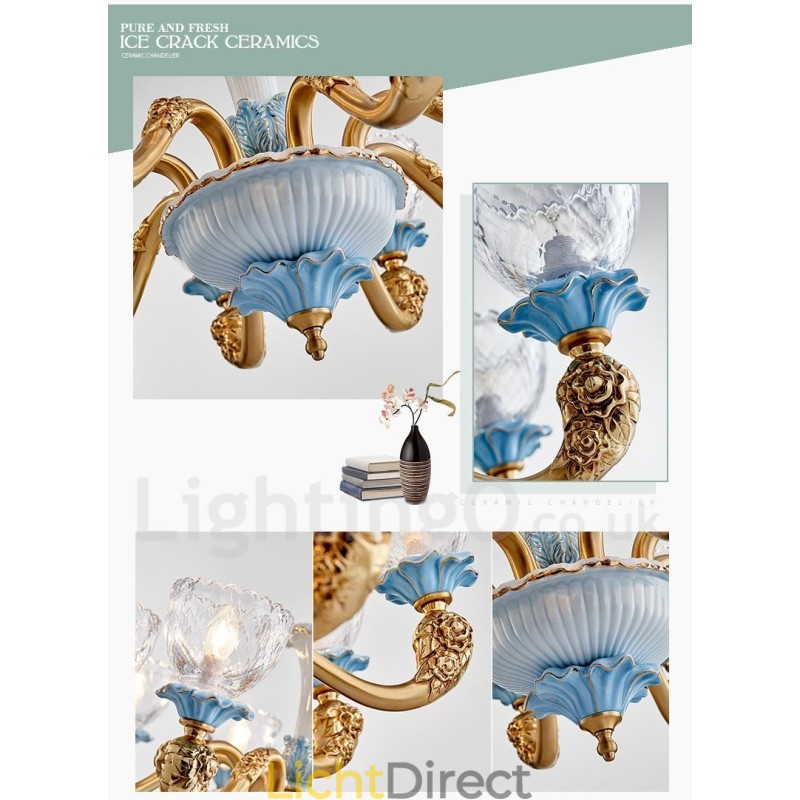 Retro Vintage Messing Keramiek Hangende Kaars Kroonluchter met Glazen Kapjes
