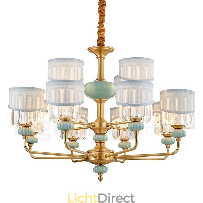 Luxe rustieke retro vintage messing keramiek hangkaars kroonluchter met stoffen en kristallen kappen