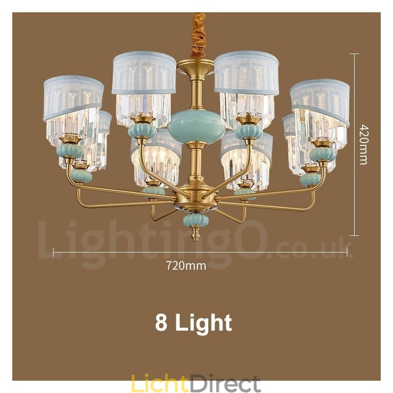 Luxe rustieke retro vintage messing keramiek hangkaars kroonluchter met stoffen en kristallen kappen
