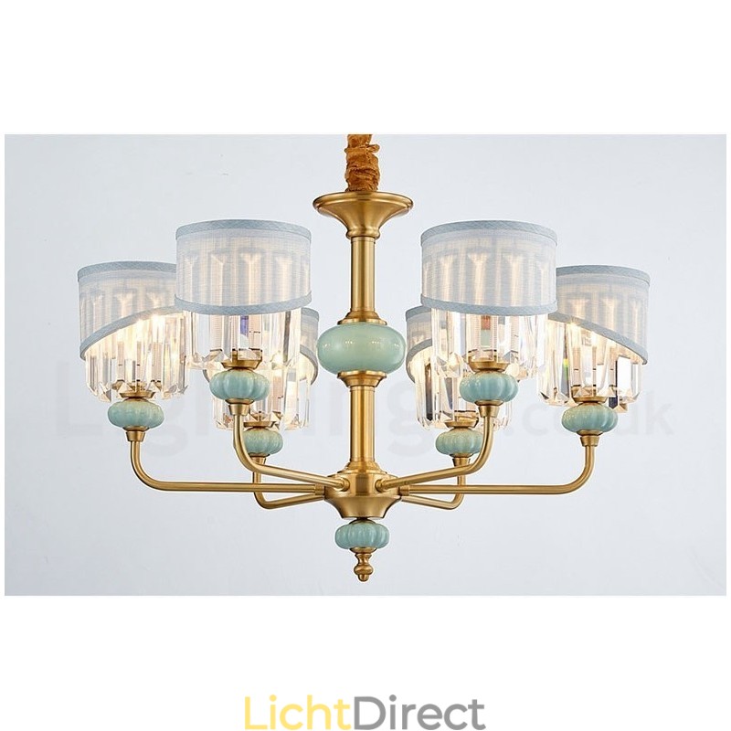 Luxe rustieke retro vintage messing keramiek hangkaars kroonluchter met stoffen en kristallen kappen