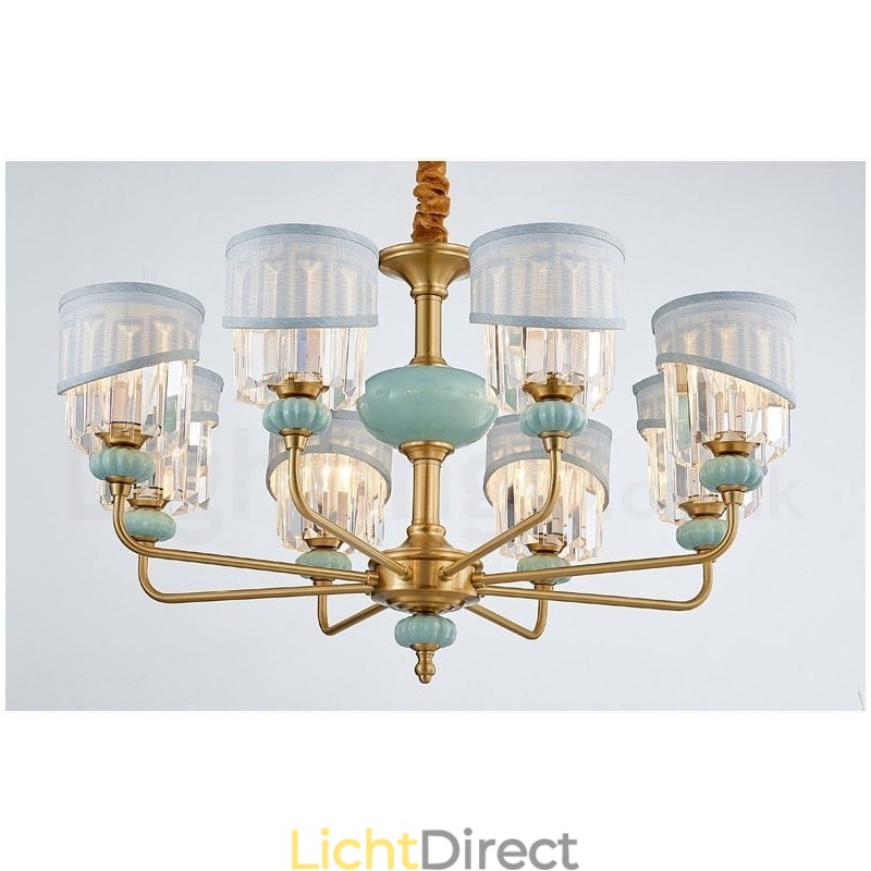 Luxe rustieke retro vintage messing keramiek hangkaars kroonluchter met stoffen en kristallen kappen
