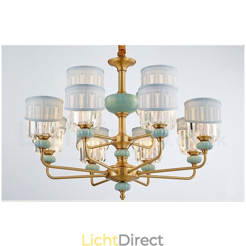 Luxe rustieke retro vintage messing keramiek hangkaars kroonluchter met stoffen en kristallen kappen