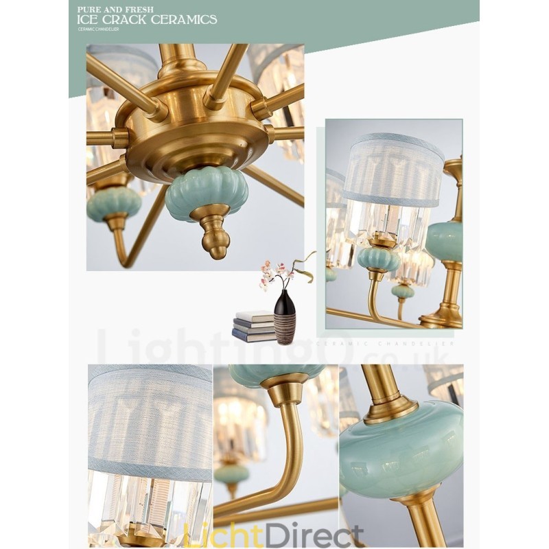 Luxe rustieke retro vintage messing keramiek hangkaars kroonluchter met stoffen en kristallen kappen