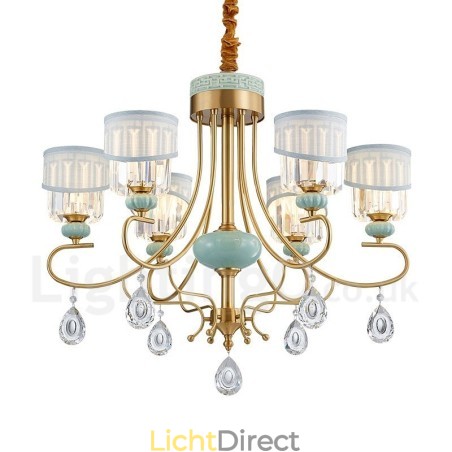 Luxe rustieke retro vintage messing keramiek hangkaars kroonluchter met stoffen en kristallen kappen Luxe rustieke retro vintage messing keramiek hangkaars kroonluchter met stoffen en kristallen kappen