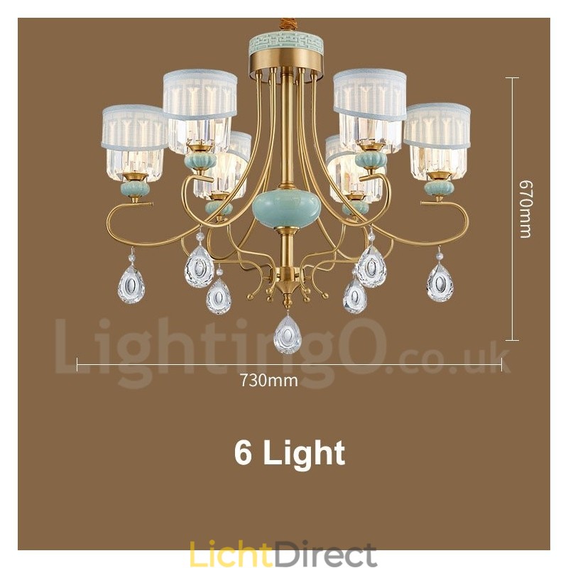 Luxe rustieke retro vintage messing keramiek hangkaars kroonluchter met stoffen en kristallen kappen