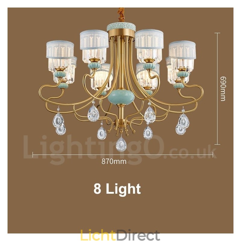 Luxe rustieke retro vintage messing keramiek hangkaars kroonluchter met stoffen en kristallen kappen