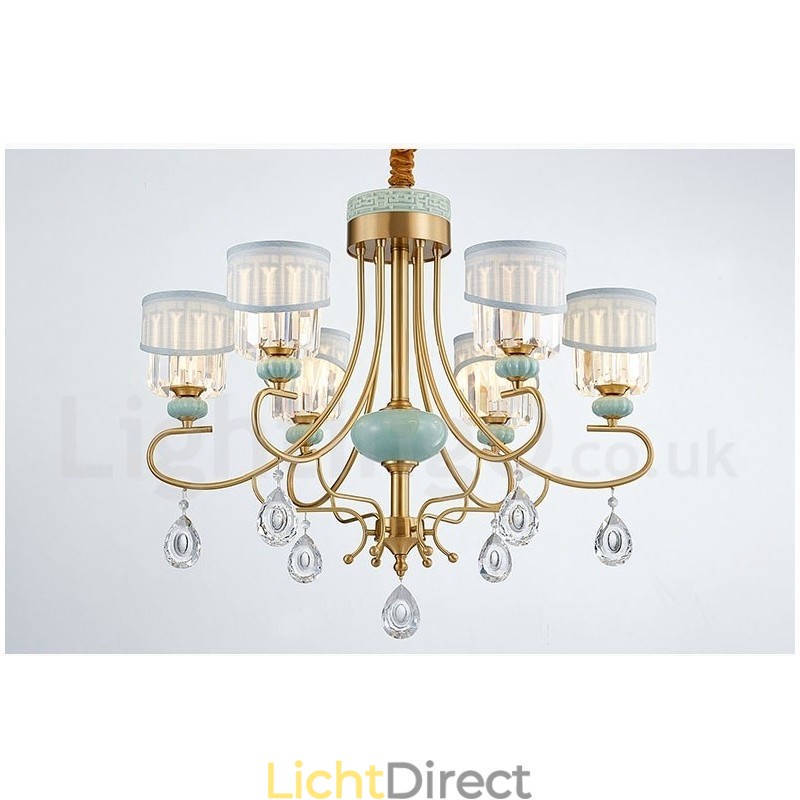 Luxe rustieke retro vintage messing keramiek hangkaars kroonluchter met stoffen en kristallen kappen