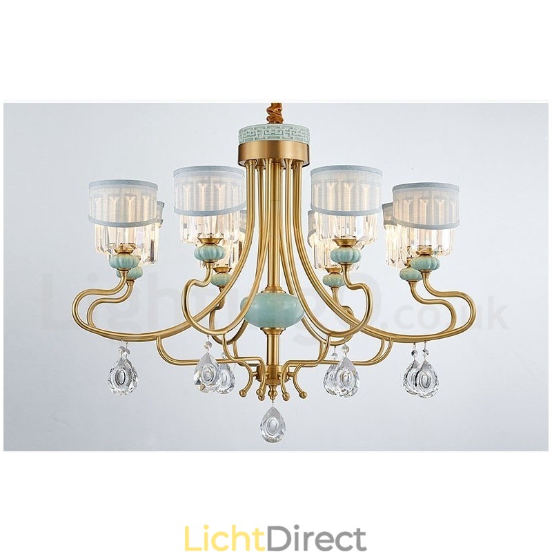 Luxe rustieke retro vintage messing keramiek hangkaars kroonluchter met stoffen en kristallen kappen