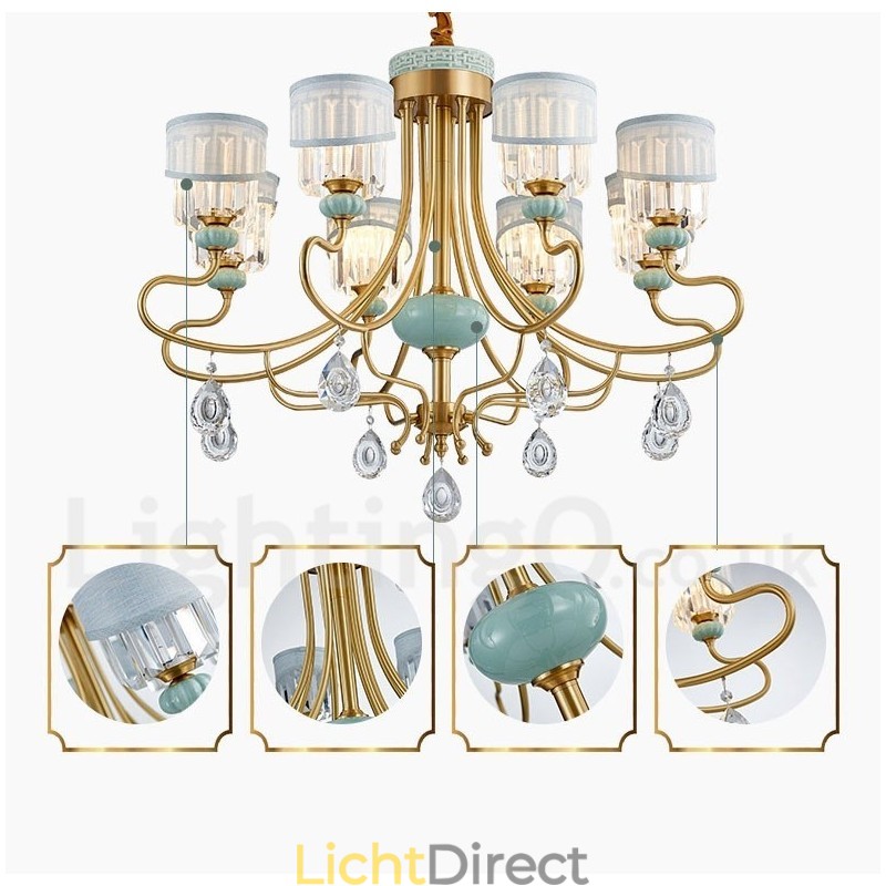 Luxe rustieke retro vintage messing keramiek hangkaars kroonluchter met stoffen en kristallen kappen