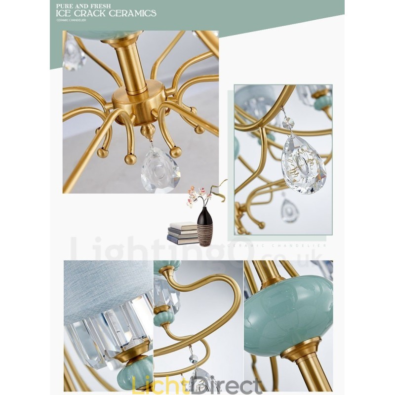 Luxe rustieke retro vintage messing keramiek hangkaars kroonluchter met stoffen en kristallen kappen