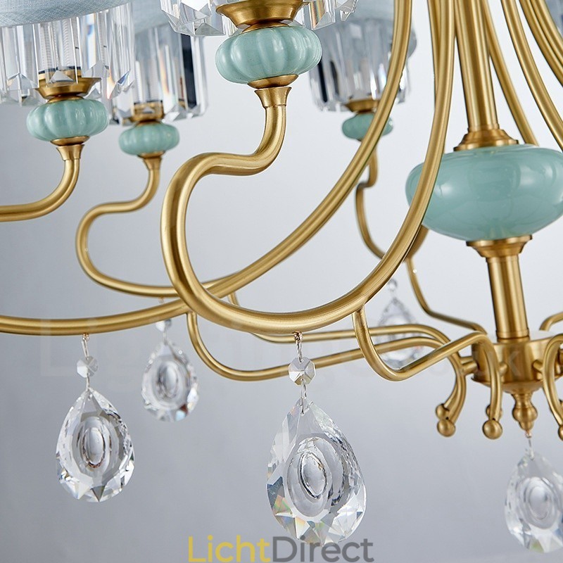Luxe rustieke retro vintage messing keramiek hangkaars kroonluchter met stoffen en kristallen kappen