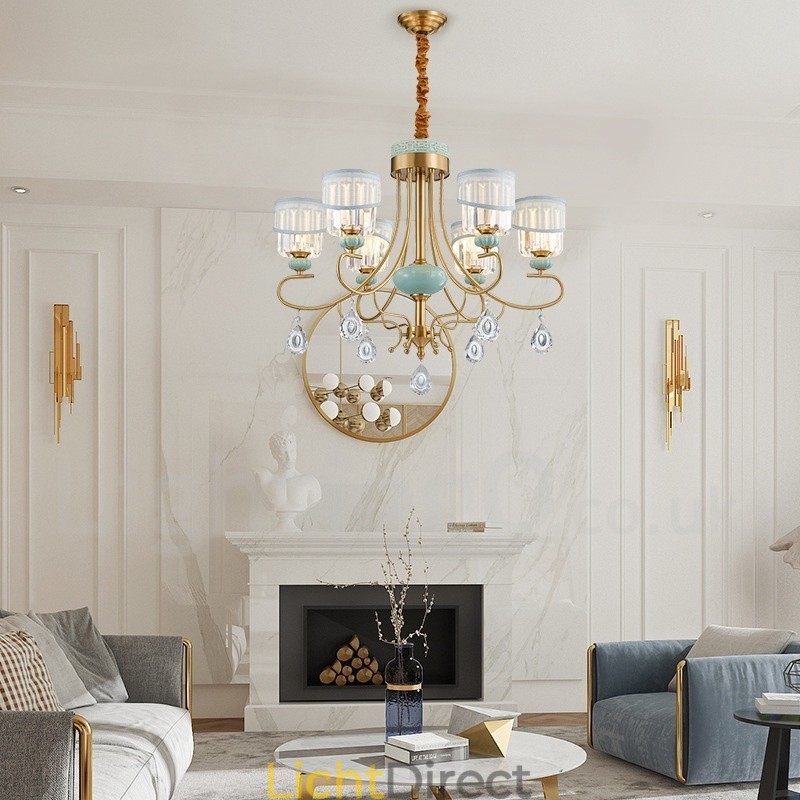 Luxe rustieke retro vintage messing keramiek hangkaars kroonluchter met stoffen en kristallen kappen