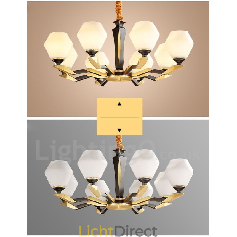 Luxe rustieke retro vintage kroonluchter van puur messing met hangende kaarsen en glazen kappen