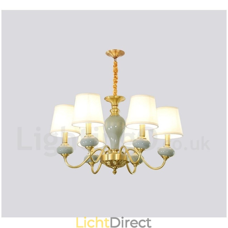 Luxe rustieke retro vintage messing keramiek hanglamp met stoffen kappen