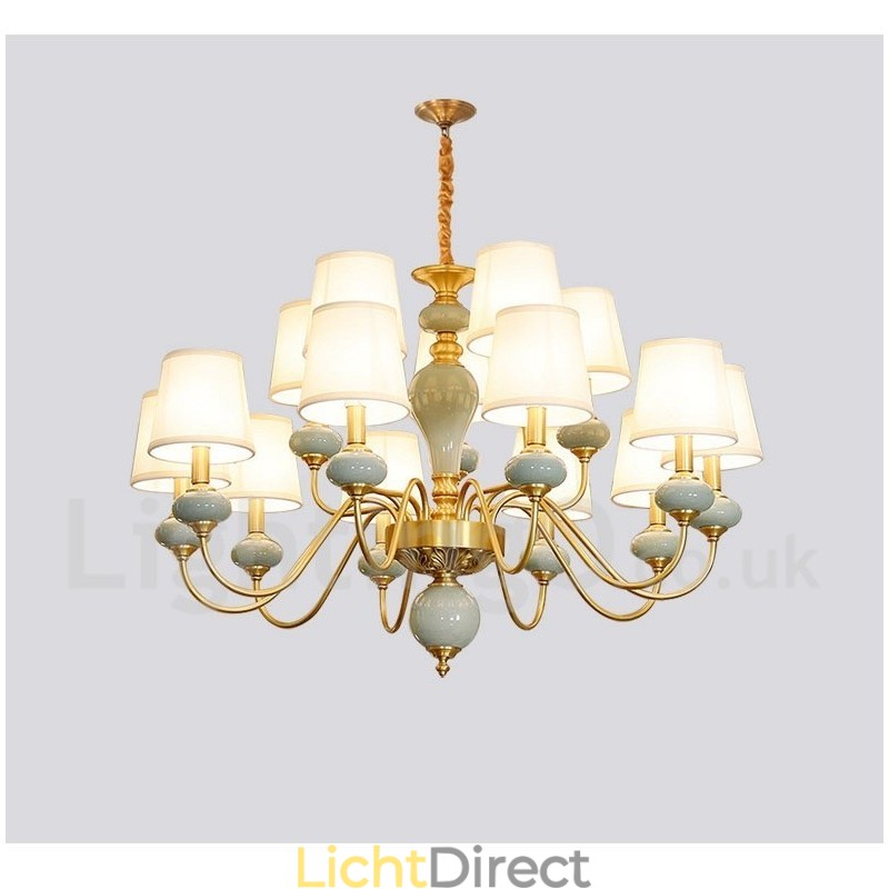 Luxe rustieke retro vintage messing keramiek hanglamp met stoffen kappen