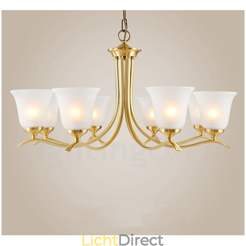 Luxe rustieke retro vintage kroonluchter van puur messing met hangende kaarsen en glazen kappen
