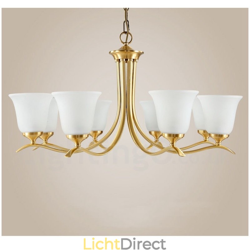 Luxe rustieke retro vintage kroonluchter van puur messing met hangende kaarsen en glazen kappen