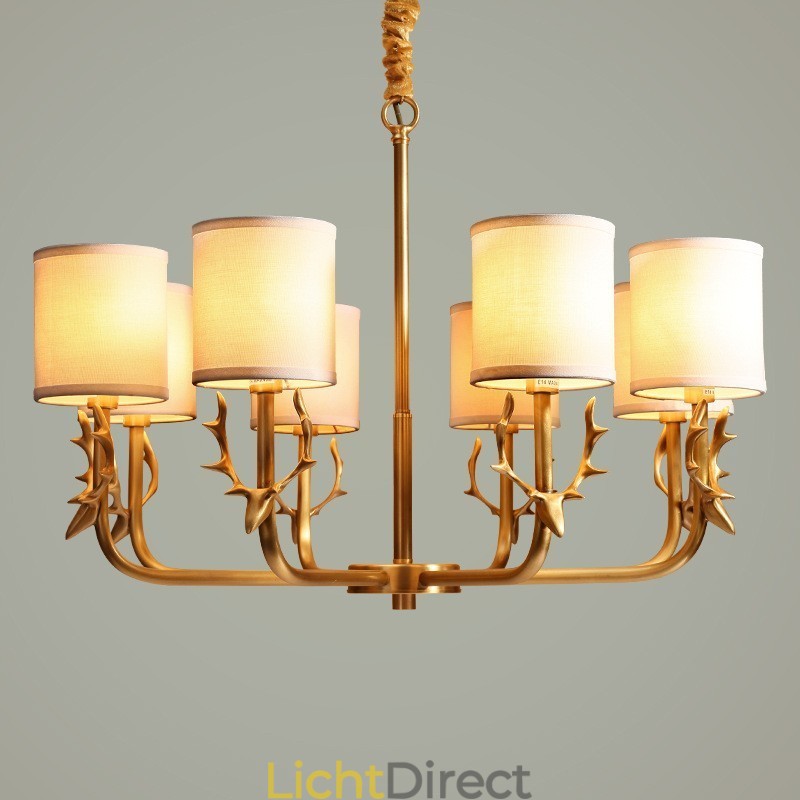 Luxe rustieke retro vintage kroonluchter van puur messing met hangkaars en stoffen kappen