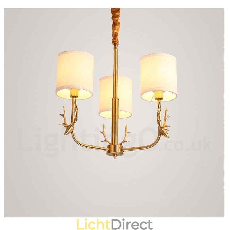Luxe rustieke retro vintage kroonluchter van puur messing met hangkaars en stoffen kappen