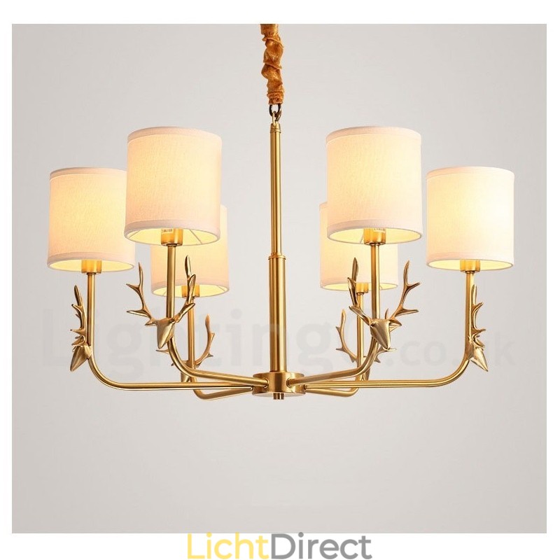 Luxe rustieke retro vintage kroonluchter van puur messing met hangkaars en stoffen kappen