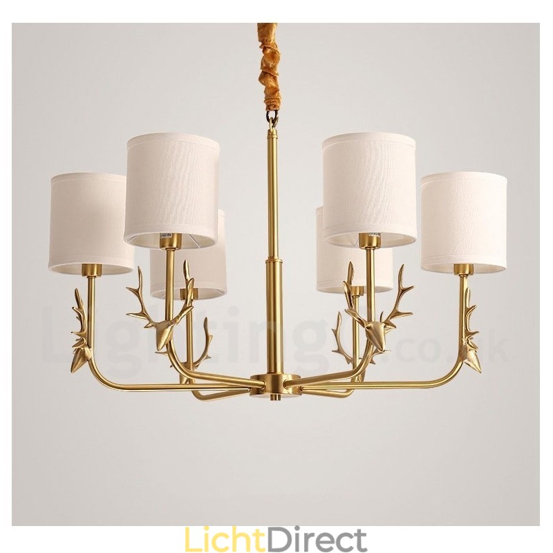 Luxe rustieke retro vintage kroonluchter van puur messing met hangkaars en stoffen kappen