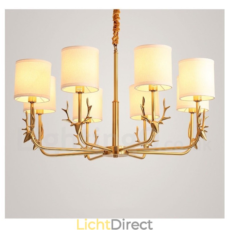 Luxe rustieke retro vintage kroonluchter van puur messing met hangkaars en stoffen kappen