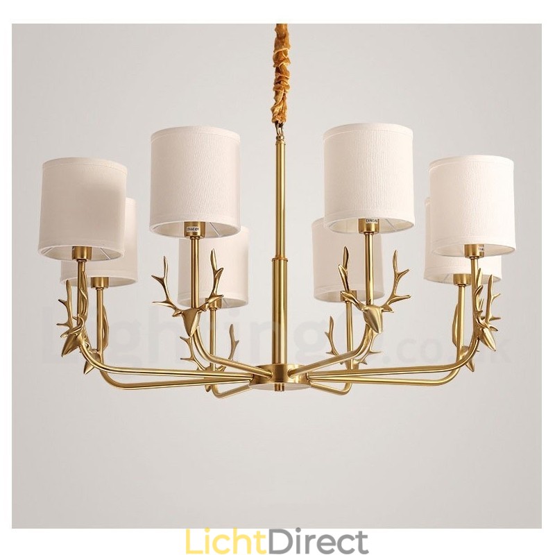 Luxe rustieke retro vintage kroonluchter van puur messing met hangkaars en stoffen kappen