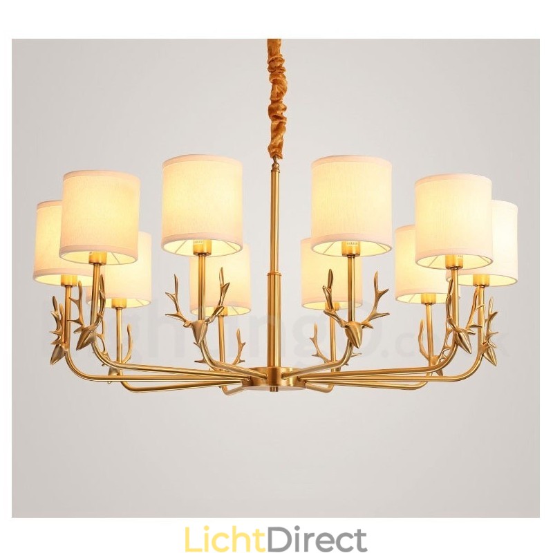 Luxe rustieke retro vintage kroonluchter van puur messing met hangkaars en stoffen kappen