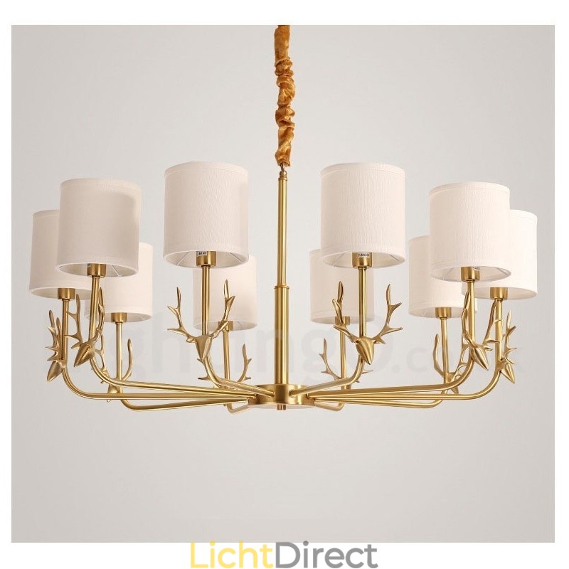 Luxe rustieke retro vintage kroonluchter van puur messing met hangkaars en stoffen kappen