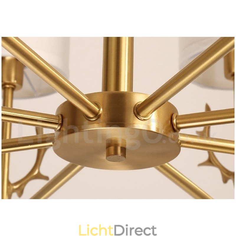 Luxe rustieke retro vintage kroonluchter van puur messing met hangkaars en stoffen kappen