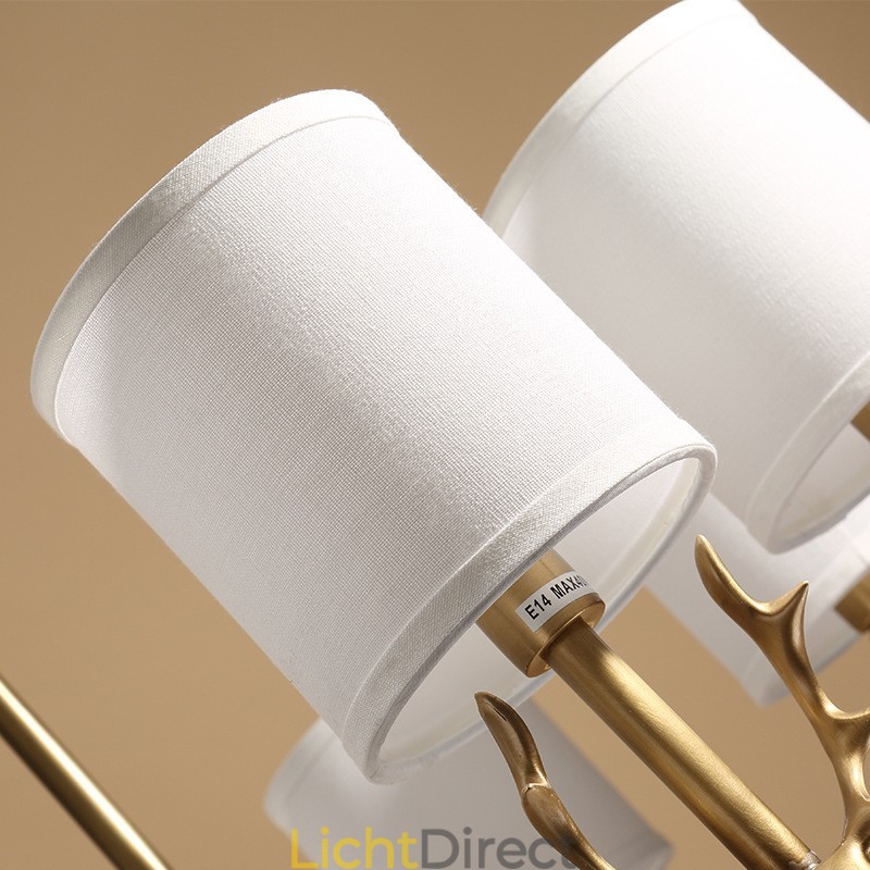 Luxe rustieke retro vintage kroonluchter van puur messing met hangkaars en stoffen kappen