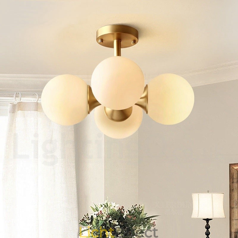 4-lichts plafondlamp van puur messing, modern en eigentijds, eenvoudig, rustiek, retro en vintage, met glazen kappen