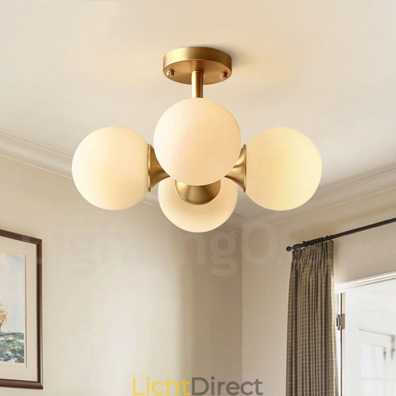 4-lichts plafondlamp van puur messing, modern en eigentijds, eenvoudig, rustiek, retro en vintage, met glazen kappen