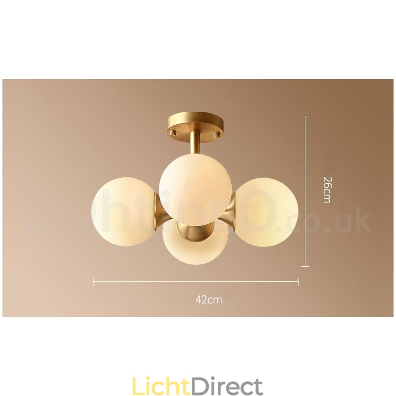 4-lichts plafondlamp van puur messing, modern en eigentijds, eenvoudig, rustiek, retro en vintage, met glazen kappen