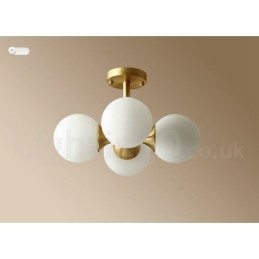 4-lichts plafondlamp van puur messing, modern en eigentijds, eenvoudig, rustiek, retro en vintage, met glazen kappen