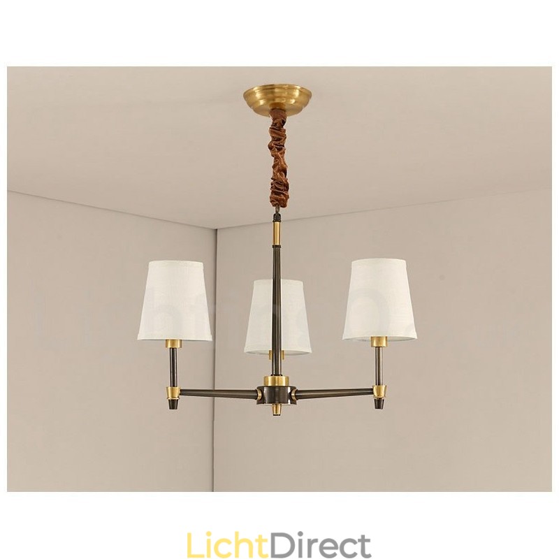 Grote luxe rustieke retro vintage kroonluchter van puur messing met stoffen kappen
