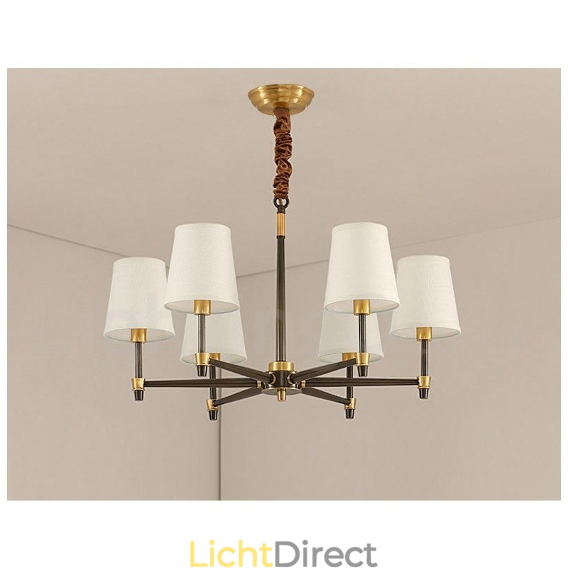 Grote luxe rustieke retro vintage kroonluchter van puur messing met stoffen kappen