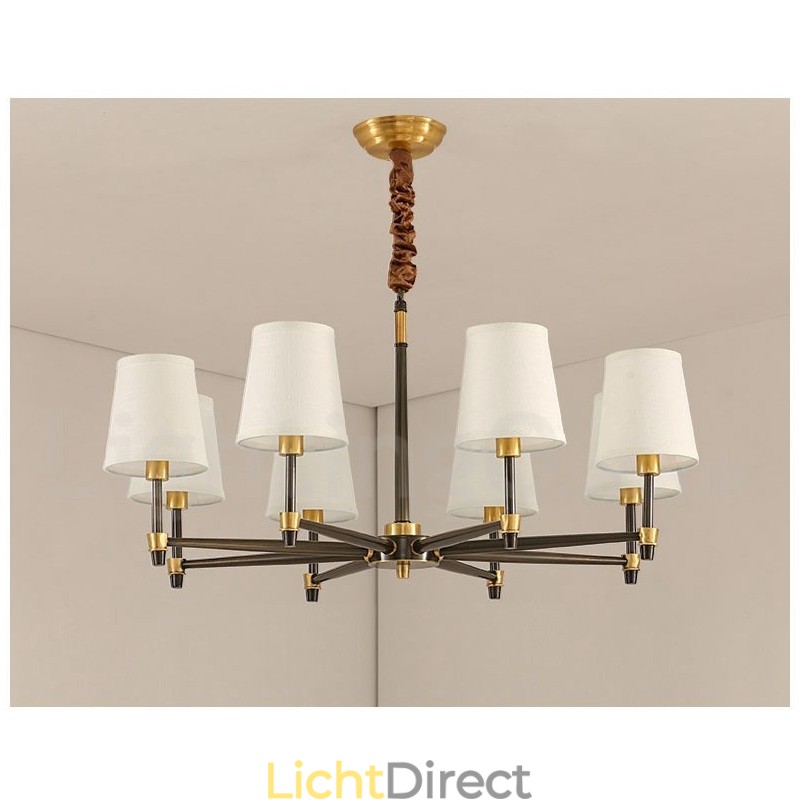 Grote luxe rustieke retro vintage kroonluchter van puur messing met stoffen kappen