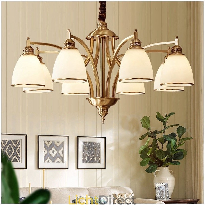 Grote luxe rustieke retro vintage kroonluchter van puur messing met glazen kappen